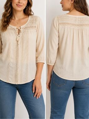 Johnny Was Ivory Embroidered Peasant Boho Tie Neck Blouse